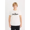 Defacto D5572 Ekru %100 Pamuk Slim Fit Dar Kesim Bisiklet Yaka Baskılı Kısa Kollu Tişört