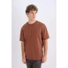 Defacto D6070 Kahve %100 Pamuk Boxy Fit Bisiklet Yaka Basic Düz Kısa Kollu Tişört