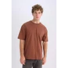 Defacto D6070 Kahve %100 Pamuk Boxy Fit Bisiklet Yaka Basic Düz Kısa Kollu Tişört