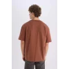 Defacto D6070 Kahve %100 Pamuk Boxy Fit Bisiklet Yaka Basic Düz Kısa Kollu Tişört