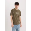 Defacto D6204 Haki %100 Pamuk Regular Fit Bisiklet Yaka Baskılı Kısa Kollu Tişört