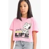 Defacto E8160 Pembe Kız Çocuk Snoopy Bisiklet Yaka Kısa Kollu Tişört