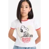 Defacto E0869 Beyaz Kız Çocuk Snoopy Crop Bisiklet Yaka Kaşkorse Kısa Kollu Tişört
