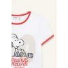 Defacto E0869 Beyaz Kız Çocuk Snoopy Crop Bisiklet Yaka Kaşkorse Kısa Kollu Tişört