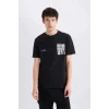 Defacto E0583 Siyah %100 Pamuk Regular Fit Bisiklet Yaka Baskılı Kısa Kollu Tişört