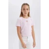 Defacto E0823 Pembe Kız Çocuk Slim Fit Dar Kesim Bisiklet Yaka Kalp Desenli Ribana Kısa Kollu Tişört