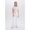 Defacto E0823 Pembe Kız Çocuk Slim Fit Dar Kesim Bisiklet Yaka Kalp Desenli Ribana Kısa Kollu Tişört