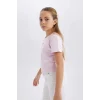 Defacto E0823 Pembe Kız Çocuk Slim Fit Dar Kesim Bisiklet Yaka Kalp Desenli Ribana Kısa Kollu Tişört