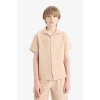 Defacto W3239 Bej Erkek Çocuk Oversize Geniş Kalıp Polo Yaka Müslin Kısa Kollu Gömlek