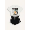 Defacto E3817 Ekru Kız Çocuk 2li Takım Kısa Kollu Tişört Esnek Belli Şort
