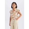 Defacto D9144 Ekru Kız Çocuk Crop Desenli Pamuklu Kısa Kollu Gömlek