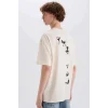 Defacto E3267 Ekru %100 Pamuk Rick and Morty Boxy Fit Bisiklet Yaka Baskılı Kısa Kollu Tişört