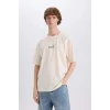 Defacto E3267 Ekru %100 Pamuk Rick and Morty Boxy Fit Bisiklet Yaka Baskılı Kısa Kollu Tişört