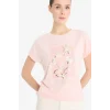 Defacto F5099 Pembe Bisiklet Yaka Çiçekli Kısa Kollu Tişört