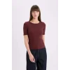 Defacto E5776 Bordo Slim Fit Dar Kesim Bisiklet Yaka Basic Düz Fitilli Kaşkorse Kısa Kollu Tişört