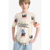 Defacto D9492 Bej Erkek Çocuk Bisiklet Yaka Baskılı Kısa Kollu Tişört