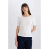 Defacto E5776 Ekru Slim Fit Dar Kesim Bisiklet Yaka Basic Düz Fitilli Kaşkorse Kısa Kollu Tişört
