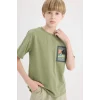 Defacto E0966 Haki Erkek Çocuk Bisiklet Yaka Nakışlı Kısa Kollu Tişört