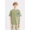 Defacto E0966 Haki Erkek Çocuk Bisiklet Yaka Nakışlı Kısa Kollu Tişört
