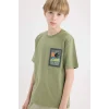 Defacto E0966 Haki Erkek Çocuk Bisiklet Yaka Nakışlı Kısa Kollu Tişört