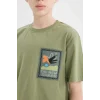 Defacto E0966 Haki Erkek Çocuk Bisiklet Yaka Nakışlı Kısa Kollu Tişört