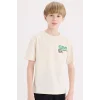 Defacto E0100 Bej Erkek Çocuk Bisiklet Yaka Sırt Baskılı Kısa Kollu Tişört