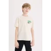 Defacto E0100 Bej Erkek Çocuk Bisiklet Yaka Sırt Baskılı Kısa Kollu Tişört