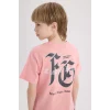 Defacto E0101 Pembe Erkek Çocuk Bisiklet Yaka Sırt Baskılı Kısa Kollu Tişört