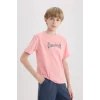 Defacto E0101 Pembe Erkek Çocuk Bisiklet Yaka Sırt Baskılı Kısa Kollu Tişört