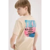 Defacto E5082 Bej Erkek Çocuk Bisiklet Yaka Sırt Baskılı Kısa Kollu Tişört