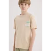 Defacto E5082 Bej Erkek Çocuk Bisiklet Yaka Sırt Baskılı Kısa Kollu Tişört