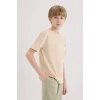 Defacto E5082 Bej Erkek Çocuk Bisiklet Yaka Sırt Baskılı Kısa Kollu Tişört