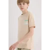 Defacto E5082 Bej Erkek Çocuk Bisiklet Yaka Sırt Baskılı Kısa Kollu Tişört