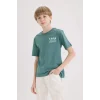 Defacto E5084 Yeşil Erkek Çocuk Bisiklet Yaka Sırt Baskılı Kısa Kollu Tişört