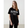 XSIDE Siyah Bisiklet Yaka Florida Baskılı Kadın Tişört