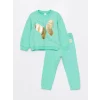 LCW Kids Yeşil Bisiklet Yaka Uzun Kollu Kız Bebek Sweatshirt ve Eşofman Alt 2li Takım
