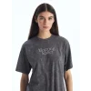 LCW Modest Antrasit Bisiklet Yaka Baskılı Kısa Kollu Kadın Tişört
