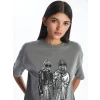 LCW Modest Gri Bisiklet Yaka Baskılı Kısa Kollu Kadın Tişört