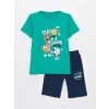 LCW Kids Yeşil Bisiklet Yaka Baskılı Kısa Kollu Erkek Çocuk Şortlu Pijama Takımı