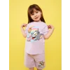 LCW baby Lila Bisiklet Yaka Kısa Kollu Tom ve Jerry Baskılı Kız Bebek Tişört ve Şort 2li Takım