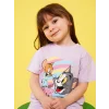 LCW baby Lila Bisiklet Yaka Kısa Kollu Tom ve Jerry Baskılı Kız Bebek Tişört ve Şort 2li Takım