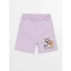 LCW baby Lila Bisiklet Yaka Kısa Kollu Tom ve Jerry Baskılı Kız Bebek Tişört ve Şort 2li Takım