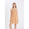Defacto C0925 Turuncu Coool Halter Yaka Çiçekli Maroken Askılı Mini Elbise