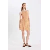 Defacto C0925 Turuncu Coool Halter Yaka Çiçekli Maroken Askılı Mini Elbise