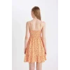 Defacto C0925 Turuncu Coool Halter Yaka Çiçekli Maroken Askılı Mini Elbise