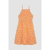 Defacto C0925 Turuncu Coool Halter Yaka Çiçekli Maroken Askılı Mini Elbise