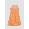 Defacto C0925 Turuncu Coool Halter Yaka Çiçekli Maroken Askılı Mini Elbise