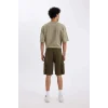 Defacto C5382 Haki Relax Fit Düz Paça Gabardin Kargo Bermuda Şort
