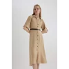 Defacto C1307 Bej Gömlek Yaka Yarım Kollu Kemerli Midi Elbise