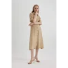 Defacto C1307 Bej Gömlek Yaka Yarım Kollu Kemerli Midi Elbise